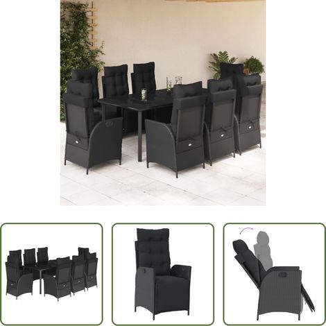vidaXL Gartenstuhl -  9-tlg. Garten-Essgruppe mit Kissen Schwarz Poly Rattan (1/5)