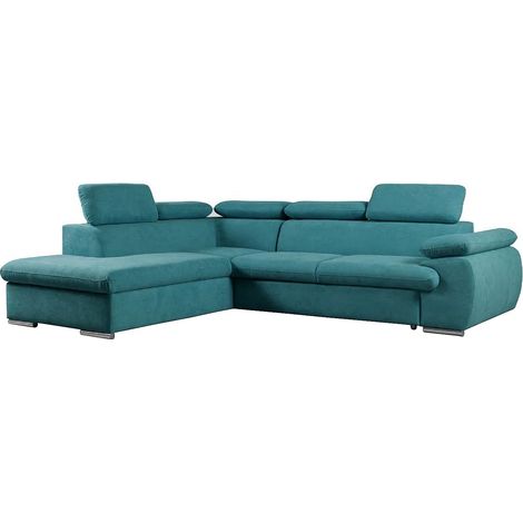 Canapé d'angle gauche convertible en tissu turquoise avec coffre de rangement FABIEN (1/4)