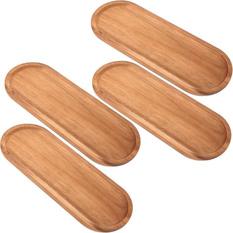 Set of 4 Oval Acacia Wood Tray, 29 x 10.5 x 1.5 cm, Ellipse Large Oval Acacia Wood Storage Tray, 30 x 10 cm for Coasters, Tea, Coffee, Cake (1/4)