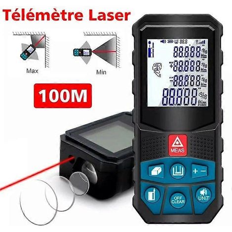 (115 x 50 x 27 mm) Télémètre laser professionnel, portée 100 m, précision 2 mm, 20 points de mesure, écran LCD, étanche IP54, piles non incluses (1/5)