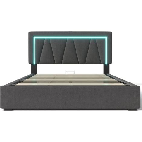 Cama doble capitoné 140x200 con LED, USB y USB-C, canapé de lino gris, somier incluido (1/5)