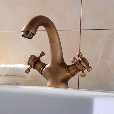 Robinet de lavabo de salle de bain en laiton antique, robinet mélangeur d'eau chaude et froide, robinet de lavabo de douche élégant adapté à la cuisine et à la salle de bain, lavabo de style vintage (1/5)