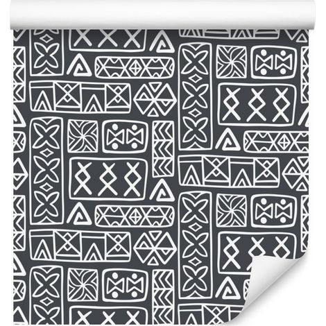Papier peint à motif géométrique polynésien gris et graphite 50x1000 cm (1/5)