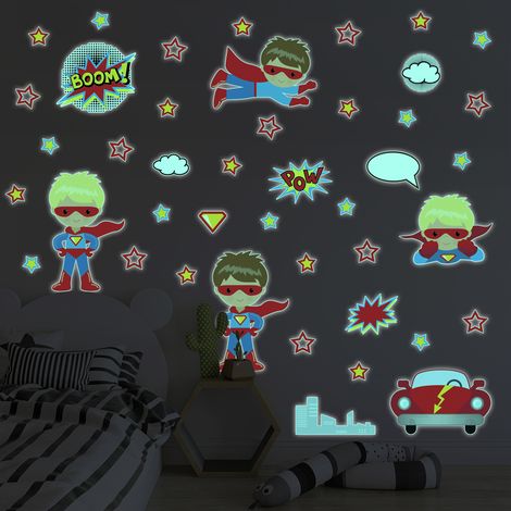 Sticker phosphorescent lumineux - SUPER-HÉROS - Autocollant mural plafond enfant fluorescent - 120x120cm (1/5)