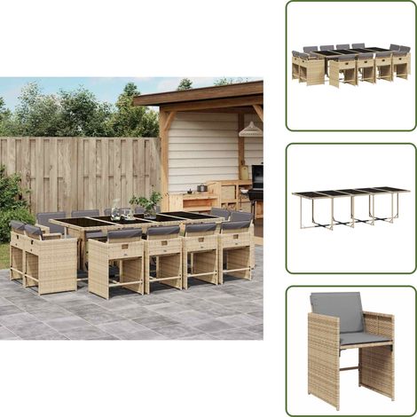 Mesa de jardín - vidaXL Set comedor de jardín con cojines 13 pzas ratán sintético beige - Ratán sintético