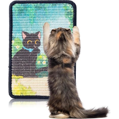 Scratching Board for Cats with Fastening, 32 x 22 cm Cat Scratching Mat, Black Cat in the Garden, Stylish Decoration, Small Size Space-Saving, Small Flats on Doors, Sofa, Floors, Protects Furniture (1/5)