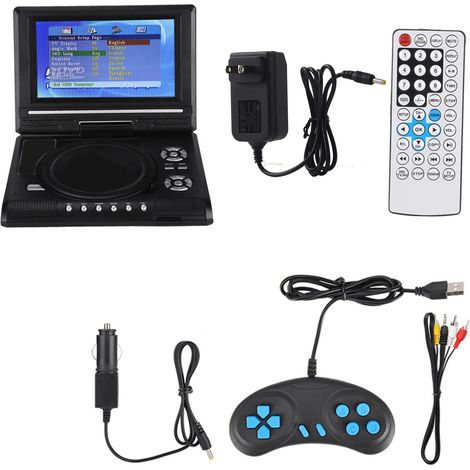 Lecteur DVD portable 7 pouces écran pivotant rechargeable TV chargeur voiture manette jeu 100-240V prise US (1/5)