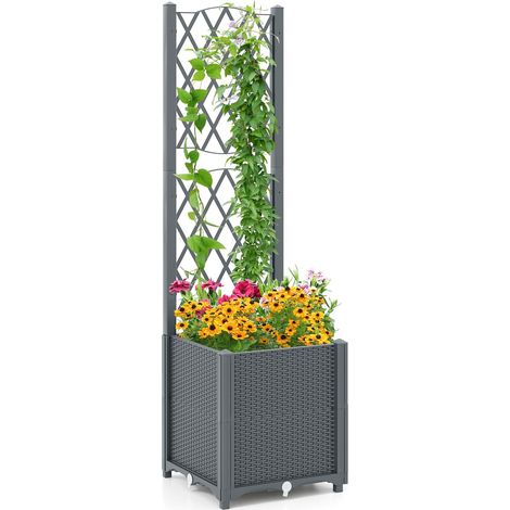 COSTWAY Jardinière avec Treillis sur Pied, Bac de Plantation Auto-arrosage en Rotin PP avec Trou de Drainage, Lit de Jardin pour Plantes Grimpantes, Légumes, Fleurs, Gris, 40 x 40 x 140 cm (1/2)