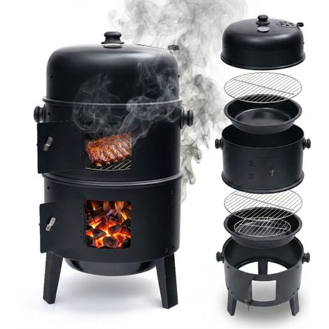 Black steel smoker with thermometer and water bowl 229384453 (1/5)