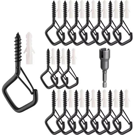 Crochet de suspension à vis carrée, lot de 20, noir, pour plantes de jardin, plafonnier, mousqueton de sécurité extérieur (1/5)