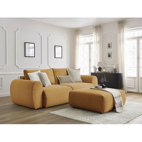 BOBOCHIC - Canapé droit convertible coffre LUCIEN gros côtelé doux avec pouf Jaune (1/5)