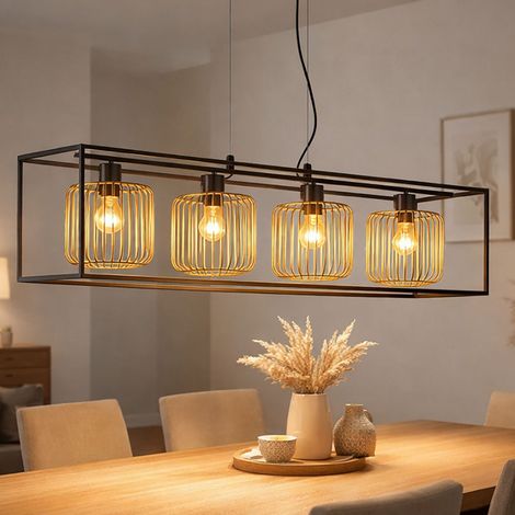 Lampada a sospensione a sospensione lampada da tavolo gabbia 4 fiamme retro lampada da soggiorno nero oro regolabile, metallo, 4x prese E27, LxLxH 110x23x160 cm