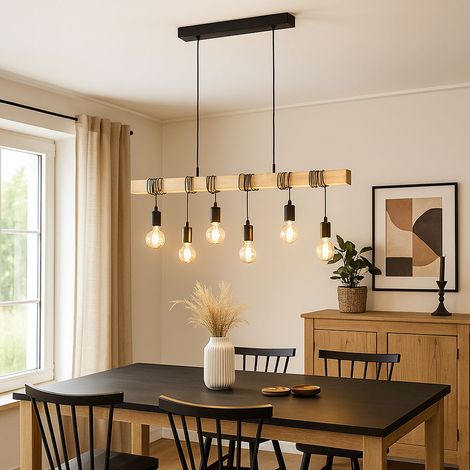 LED Hängelampe Esstischleuchte Holzbalken Pendellampe höhenverstellbar Wohnzimmerlampe 6 flammig, 6x 4W 6x 320lm warmweiß, LxH 100 x 191,5 cm