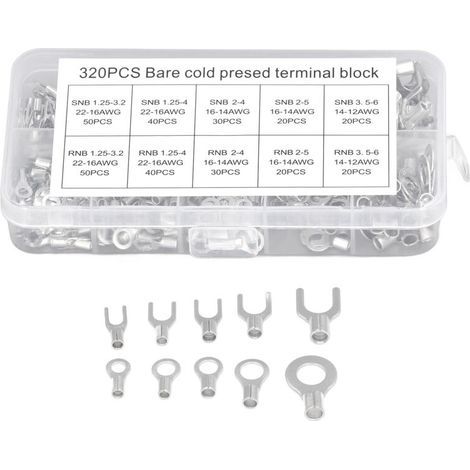 [JAMAIS UTILISÉ] 320 pièces Kit de connecteurs à fourche à anneau Cosses de fil non isolées Bornes de câble de batterie Fourche à sertir en cuivre électrique ronde, (1/4)
