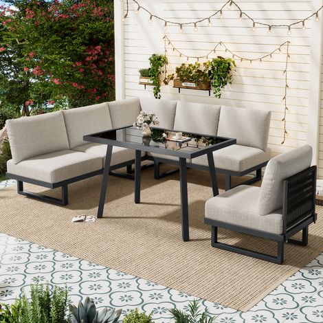 6-Sitzer Gartenlounge-Set, modulares Outdoor-Sofa, frei kombinierbar, verzinkter Stahl, Grau-Beige