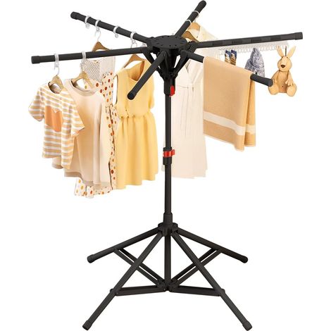 Clothes Airer, Foldable Clothes Airer, Height-Adjustable, Space-Saving Clothes Airer with 6 Wings, Foldable Clothes Airer for Camping, Balcony, Indoor and Outdoor, Black (1/5)