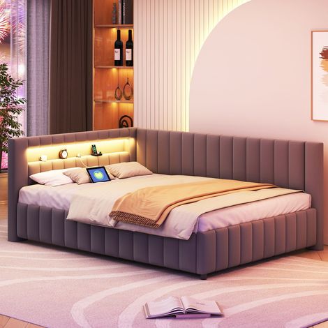 Lit banquette 140x200 cm avec dossier et tête de lit, LED et USB, sommier à lattes, velours gris, sans matelas (1/5)