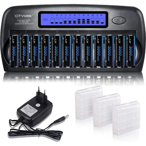 Kit de Chargeur de Batterie LCD 12 Baies pour Piles AA AAA NI-MH NI-CD avec 6 Piles AA 3000 mAh et 6 Piles AAA 1100 mAh Rechargeables (Bloc d'alimentation) (1/5)