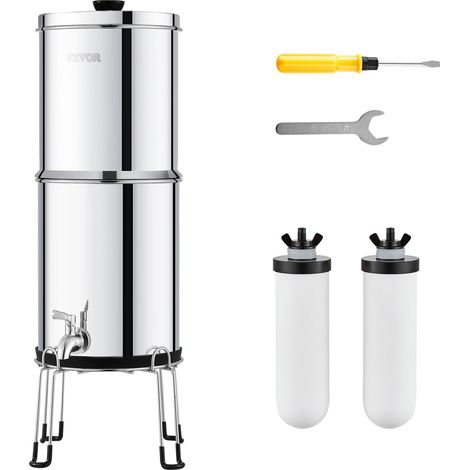 VEVOR Sistema di Filtraggio Acqua a Gravita Sistema in Acciaio Inox Sistema Filtraggio Acqua 7,8 + 8,5 L, Riduce Piombo e Cloro, con 2 Filtri al Carbone Ceramico e Rubinetto Camper da Campeggio