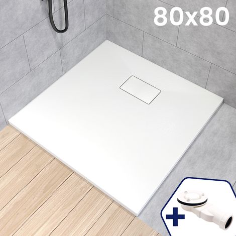 BADLAND Duschwanne 80x80x3,2 VIDAR Weiß Verbundwerkstoff Duschtasse Quadratisch, Steinoptik, mit Ablaufgarnitur Ø 90 mm (1/5)