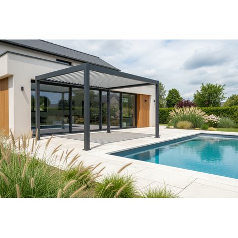 Pergola bioclimatique aluminium 4x3m, MOTORISEE avec éclairage LED intégré -autoportante coloris Noir Sable (RAL2100) - Qualité PRO - TOP Finition -