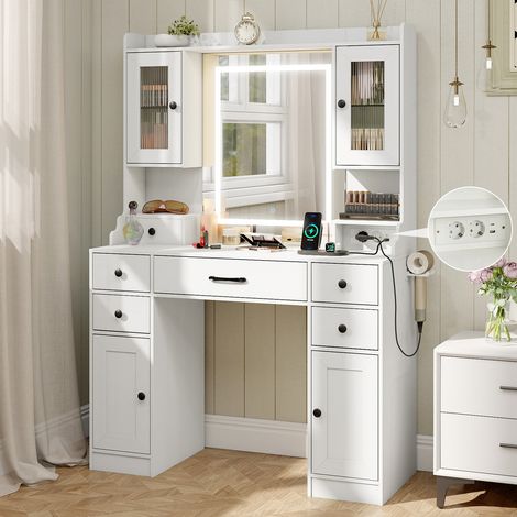 Coiffeuse avec Miroir, Lumières et Luminosité Réglable, Station de Charge, Bureau Coiffeuse, Support pour Sèche-Cheveux, 6 Tiroirs,Table de Maquillage (1/5)