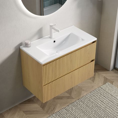 Mobile Bagno Sospeso 75x39x51.5cm moderno MDF legno naturale 2 cassett adatto al bagno (1/5)
