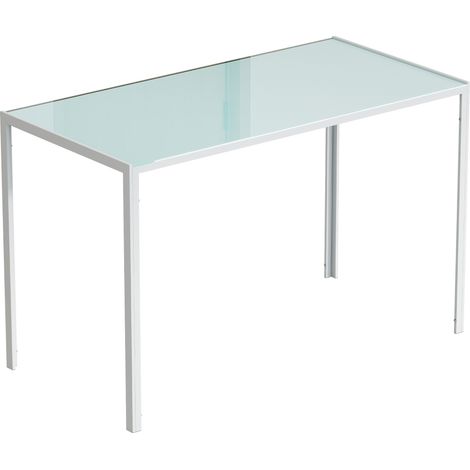 Table repas 4 personnes, table cuisine avec dessus en verre trempé et piètement métal, 120x60x75 cm, blanc (1/5)