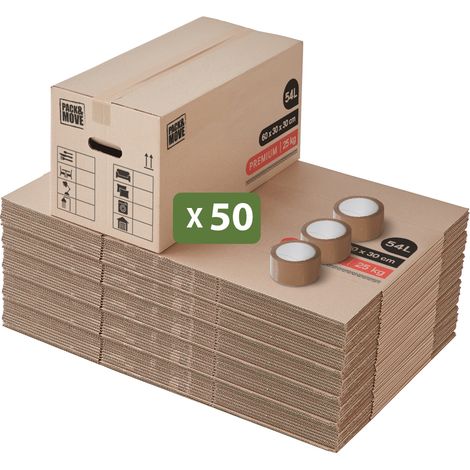 Pack and Move - Lot 50 Cartons Déménagement Premium - 60 X 30 X 30 - Extrême Résistance 20KG - Réutilisable - Poignées Renforcées - 3 Adhésifs Offerts