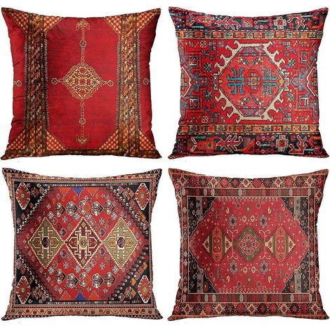 Ensemble de 4 pièces Dww-Tapis turc persan vintage rouge à motifs floraux, housse de coussin en lin, coussin de maison, housse d'oreiller, motif kilim persan géométrique, décoration intérieure, 4 pièc (1/5)