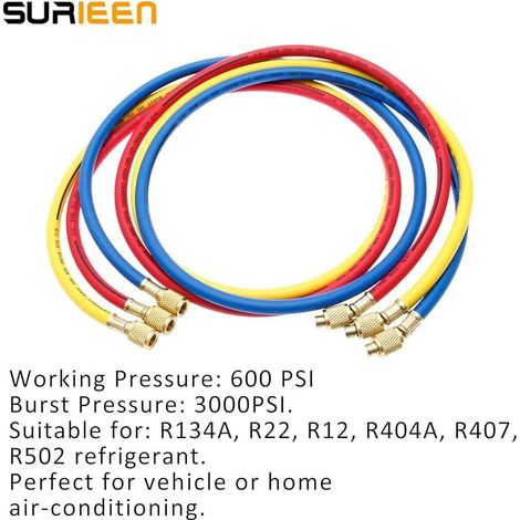 R134 Lot de 3 tuyaux de charge CA 152,4 cm, 3000600 psi, filetage SAE 1/4", R134A R12 R22 R502, 3 pièces, rouge, jaune, bleu (1/5)