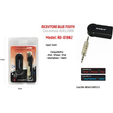 MaxTech - Ricevitore Adattatore Jack 3.5mm Vivavoce Bluetooth Stereo Audio Maxtech Ad-bt002 -