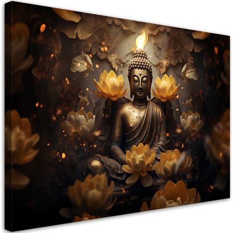 Tableau déco Bouddha doré et fleurs de lotus 100x70 (1/5)