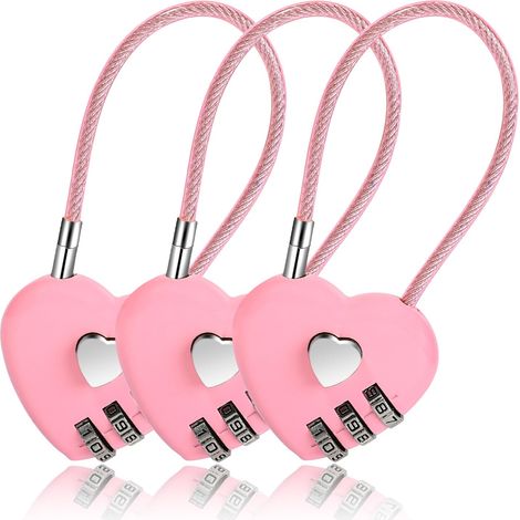 Ensemble de 3 cadenas à combinaison à trois chiffres, combinaison en forme de cœur, cadenas roses avec câble en acier, mini cadenas pour bagages