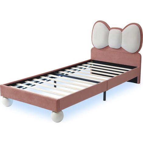 Letto per Bambini 90×200 cm, Letto Singolo con LED Regolabile e Testiera a Farfalla, senza Materasso, Velluto Rosa e Beige (1/4)