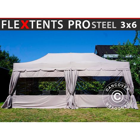 Pop up gazebo FleXtents PRO Steel "Peaked" 3x6 m Latte, incl. 6 sidewalls and 6 decorative curtains