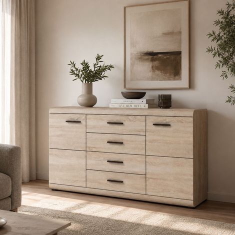 Credenza Hamireso, Anrichte mit 4 Schubladen, 2 Regalböden, Türen & Schiebetüren, 140x42x87h cm Eichenbraun (1/3)