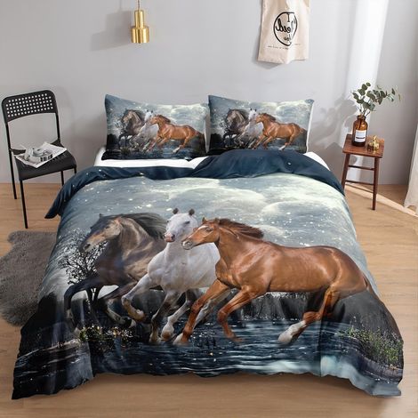 Kinder Bettwäsche Set 3-teilig mit Pferdemotiv 200x200cm, 2x 80x80cm
