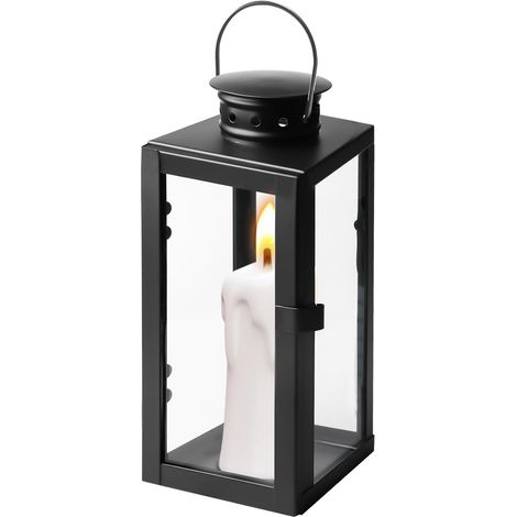 Lanterne noire 24 cm en métal pour bougies, décoration extérieure, lanterne funéraire, lanterne décorative en métal, résistante aux intempéries, pour murs extérieurs, salon, tables, bar (1/5)