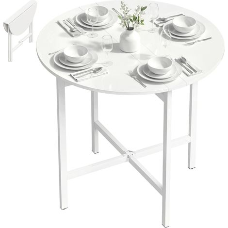 Collapsible Drop Leaf Table, Folding Dining Table for Small Spaces, Extendable Kitchen Table with Steel Frame, White (1/5)