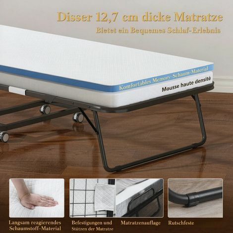 Cama plegable individual de 200 × 80 cm con colchón, cama de invitados portátil con ruedas, estructura de acero (solo con 1 cama plegable). (1/5)