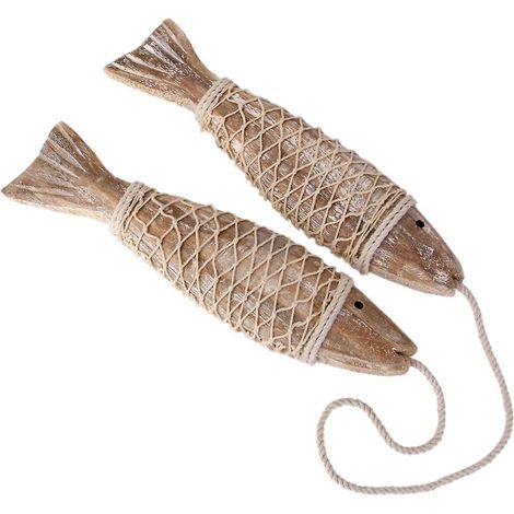 Guirlande de 2 décorations murales suspendues en bois, style poisson marin (1/3)