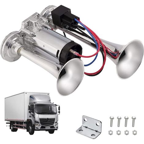Klaxon pneumatique 12 V, 600 dB, double tuyau super puissant avec compresseur, kit pour véhicules 12 V, camions, véhicules longs, trains, bateaux, voitures, fourgonnettes, argent (1/5)