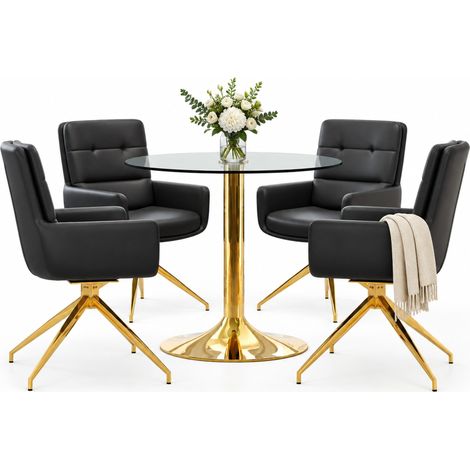 ELVMI Tisch- und Stuhlset mit 1 Rundem Tisch und 4 Drehstühlen, Gehärtetem Glas, Metall und PU, Schwarz und Gold (1/5)