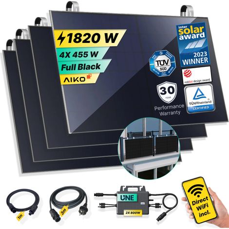 ROBINSUN®️ Kit Solar Enchufable Performance Balcony 1.820Wp, 4 paneles Aiko 455Wp+2 Microinversores 800W Wifi incluído+Cable 3m+4 Fijaciones SolarHook (1/5)