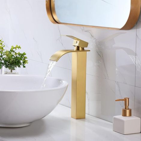 Robinet salle de bain lavabo haut cascade bec pour vasque,Mitigeur eau froide et chau moderne carré chromé trou simple (Doré) (1/4)