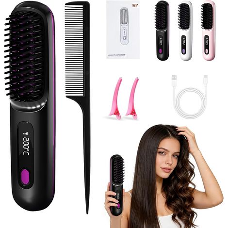 Brosse coiffante pour cheveux courts, brosse à cheveux électrique, brosse lissante sans fil avec affichage LED, 3 niveaux de température, portable, pour cheveux lisses et bouclés, idéale pour les (1/5)