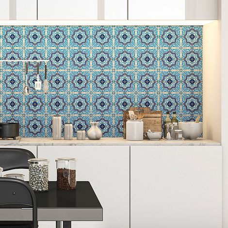 Sticker Mural Carrelage adhésif Cuisine Salle de Bain - 30 STICKERS CARREAUX DE CIMENT AZULEJOS MATIAS - 30stickers20x20cm (1/5)