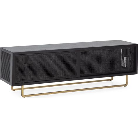 TV -Möbel 160x42x52 Schwarzes Holz/Schwarzer Rattan/Goldmetallmöbel/Konsolen für alle Stile, um dem Haus eine Note zu verleihen (1/4)