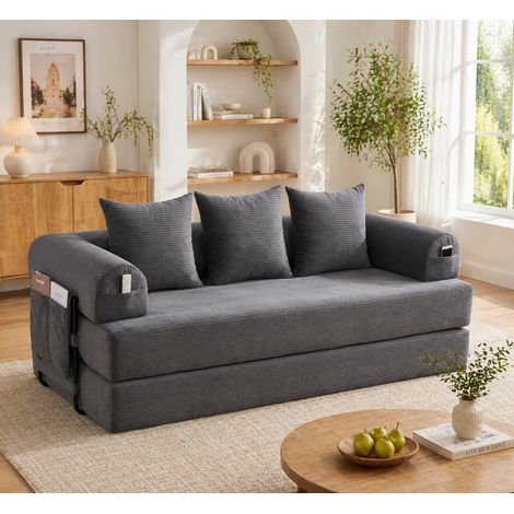 Sofá modular de pana gris oscuro con estructura de metal y 3 cojines OKWISH (1/5)
